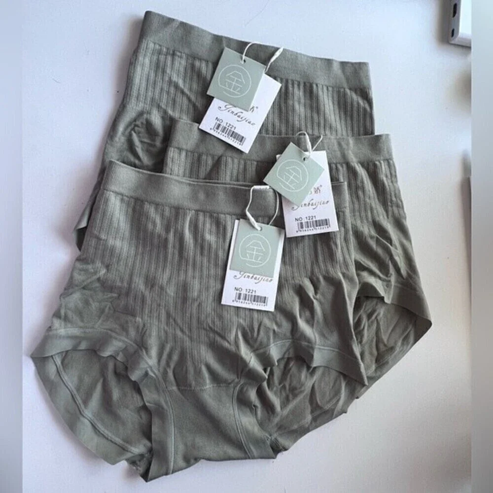 Tinbaijiao high 3 packs waist Plain panties green/olive one size.